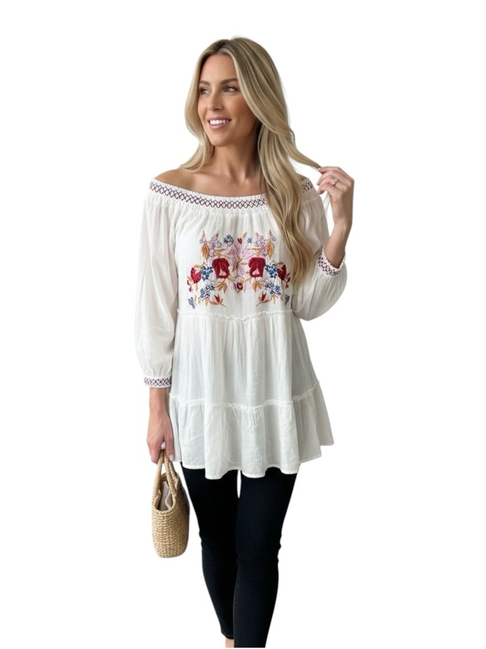 NWT Boho Embroidered Off-Shoulder White Women's Tunic Top best for size Small